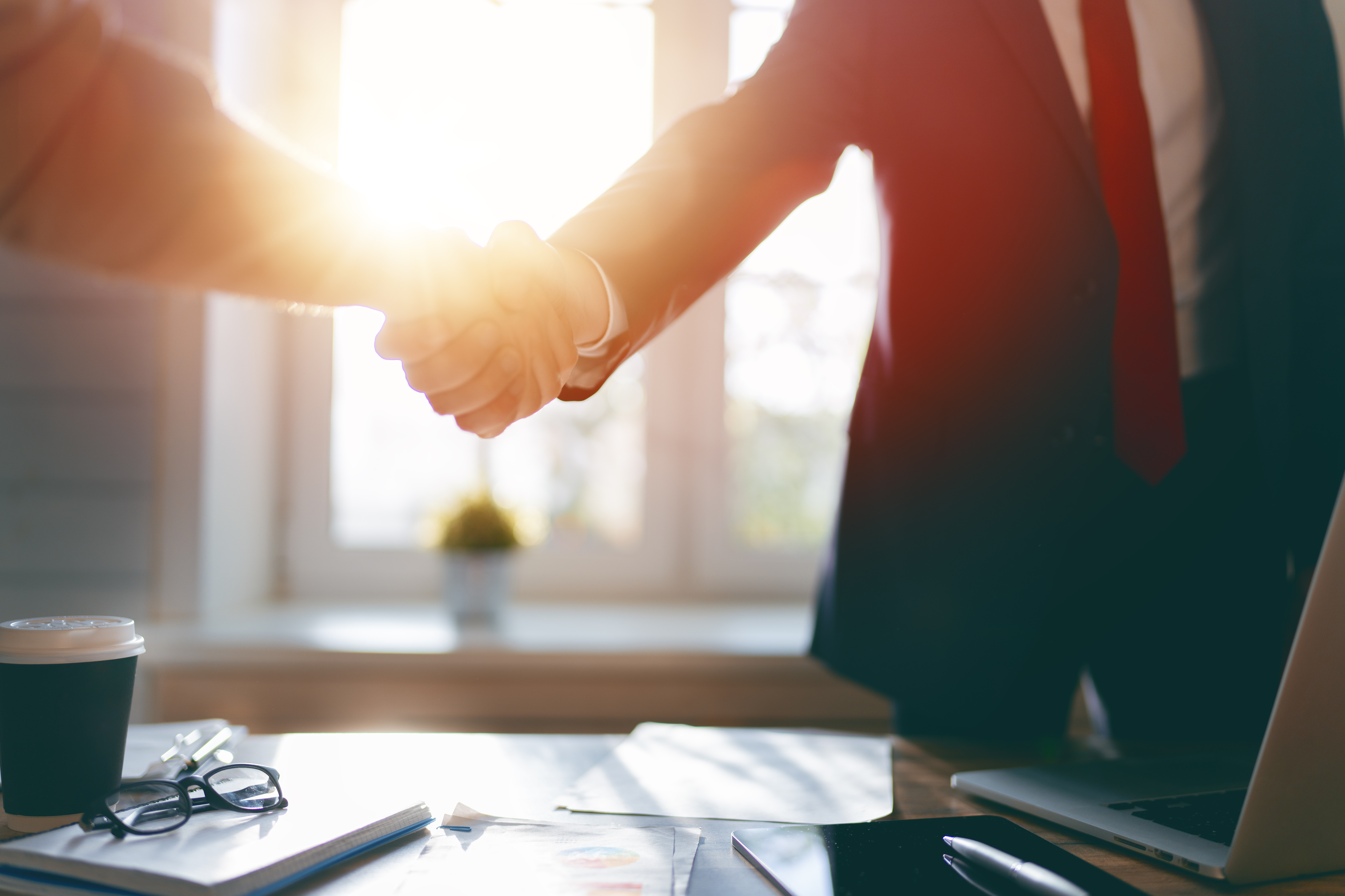 Man and woman are working in office Sales team member shaking hands after a deal.